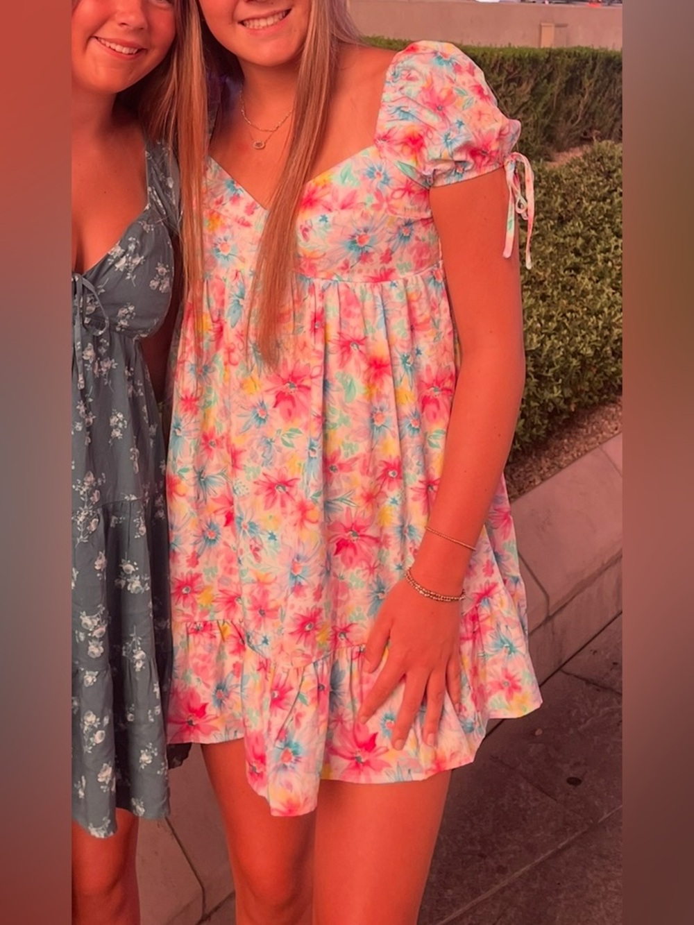 Floral Puff-Sleeve Babydoll Dress  - Pink Multi